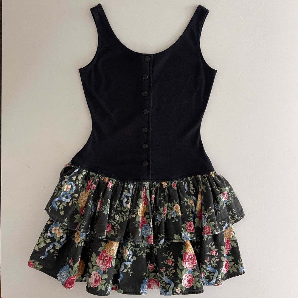 80s Double Tier Drop Waist Cottagecore Floral Mini Dress 7 - Picture 9 of 12